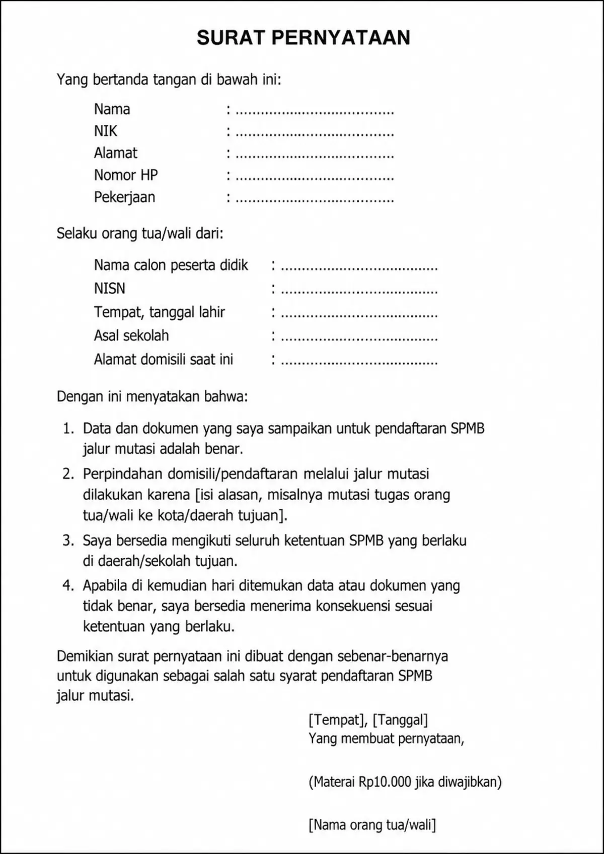 Contoh Surat Pernyataan Syarat Pendaftaran SPMB Jalur Mutasi Terbaru 2026
