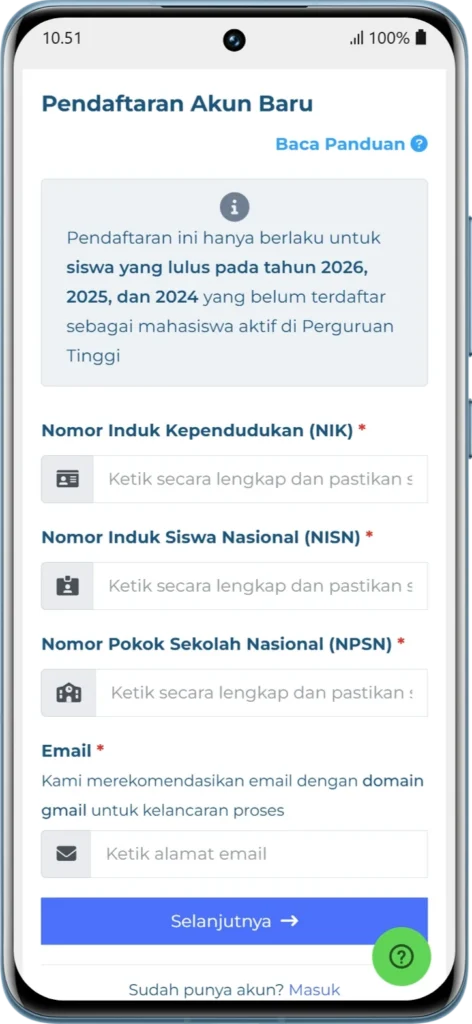 Halaman pendaftaran akun baru KIP kuliah