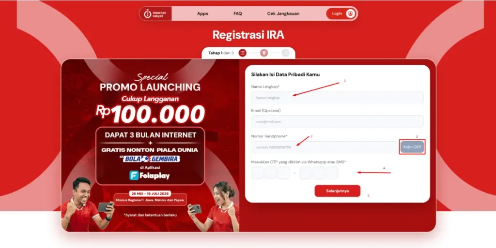 Kolom registrasi untuk daftar internet rakyat