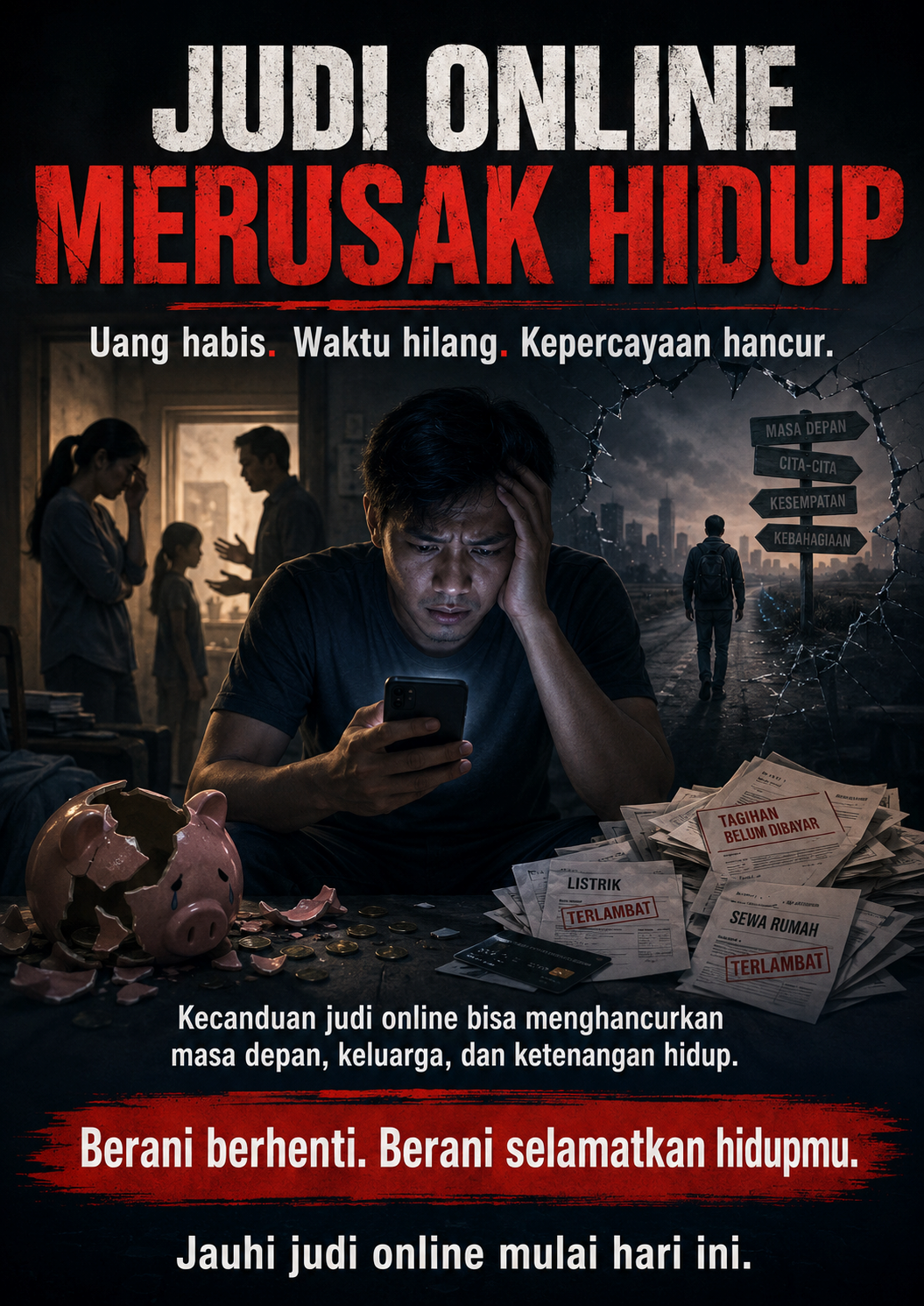 Poster kampanye anti judi online bertuliskan "JUDI ONLINE MERUSAK HIDUP"