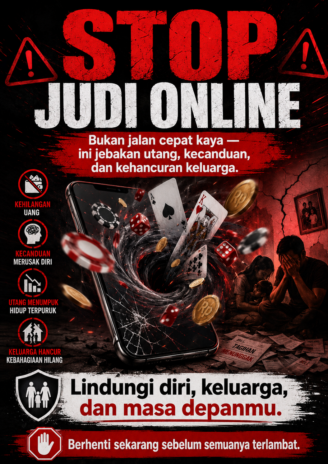 Poster kampanye anti judi online bertuliskan "STOP JUDI ONLINE. Bukan jalan cepat kaya — ini jebakan utang, kecanduan, dan kehancuran keluarga." Desain poster menggunakan dominasi warna merah dan hitam, memperlihatkan visual ponsel pintar dengan efek visual kartu judi, dadu, dan koin yang berhamburan, disertai poin-poin dampak negatif seperti kehilangan uang, kecanduan merusak diri, utang menumpuk, dan keluarga hancur. Di bagian bawah terdapat teks "Lindungi diri, keluarga, dan masa depanmu. Berhenti sekarang sebelum semuanya terlambat."
