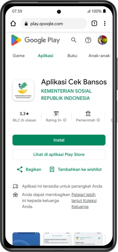 Tangkapan layar halaman instal Aplikasi Cek Bansos