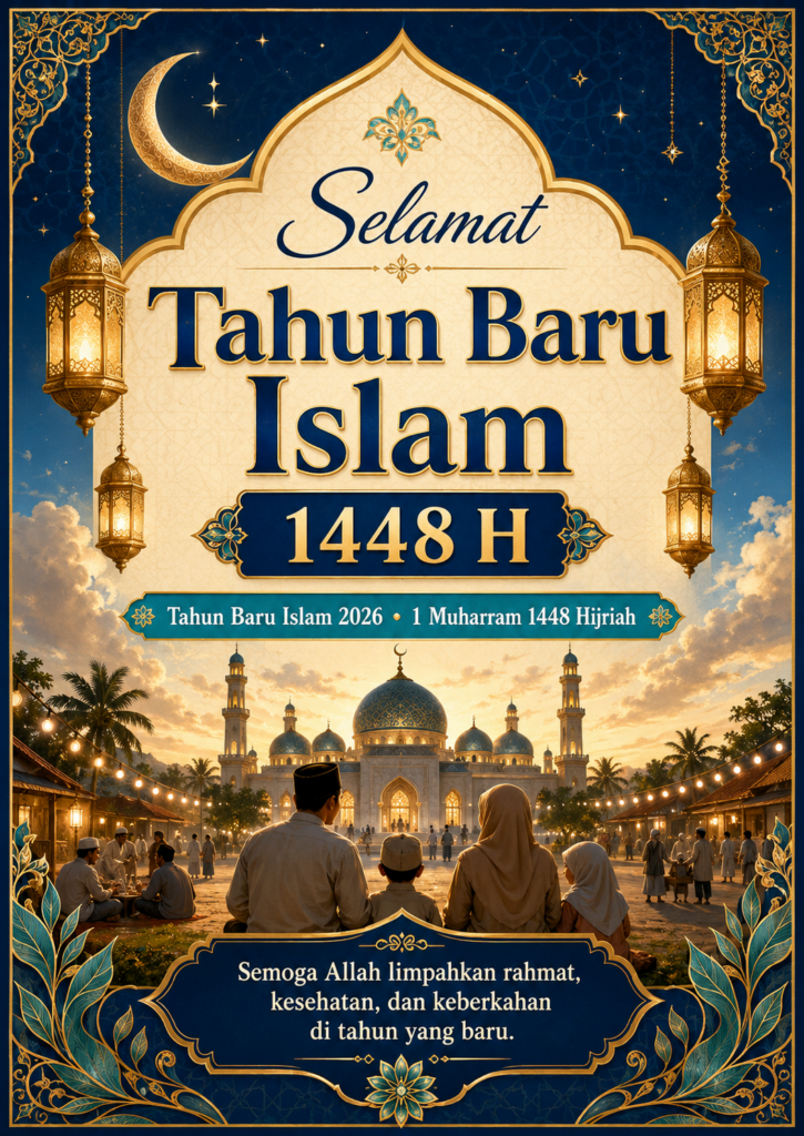 Poster Selamat Tahun Baru Islam 1448 H 2026 bernuansa biru emas dengan keluarga muslim, masjid, lentera, bulan sabit, dan ucapan doa rahmat serta keberkahan.