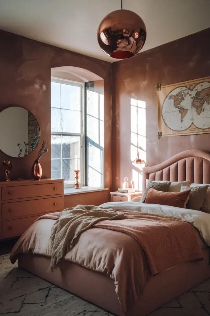 moody-bedroom-copper-accents-dusty-rose-walls-twilight