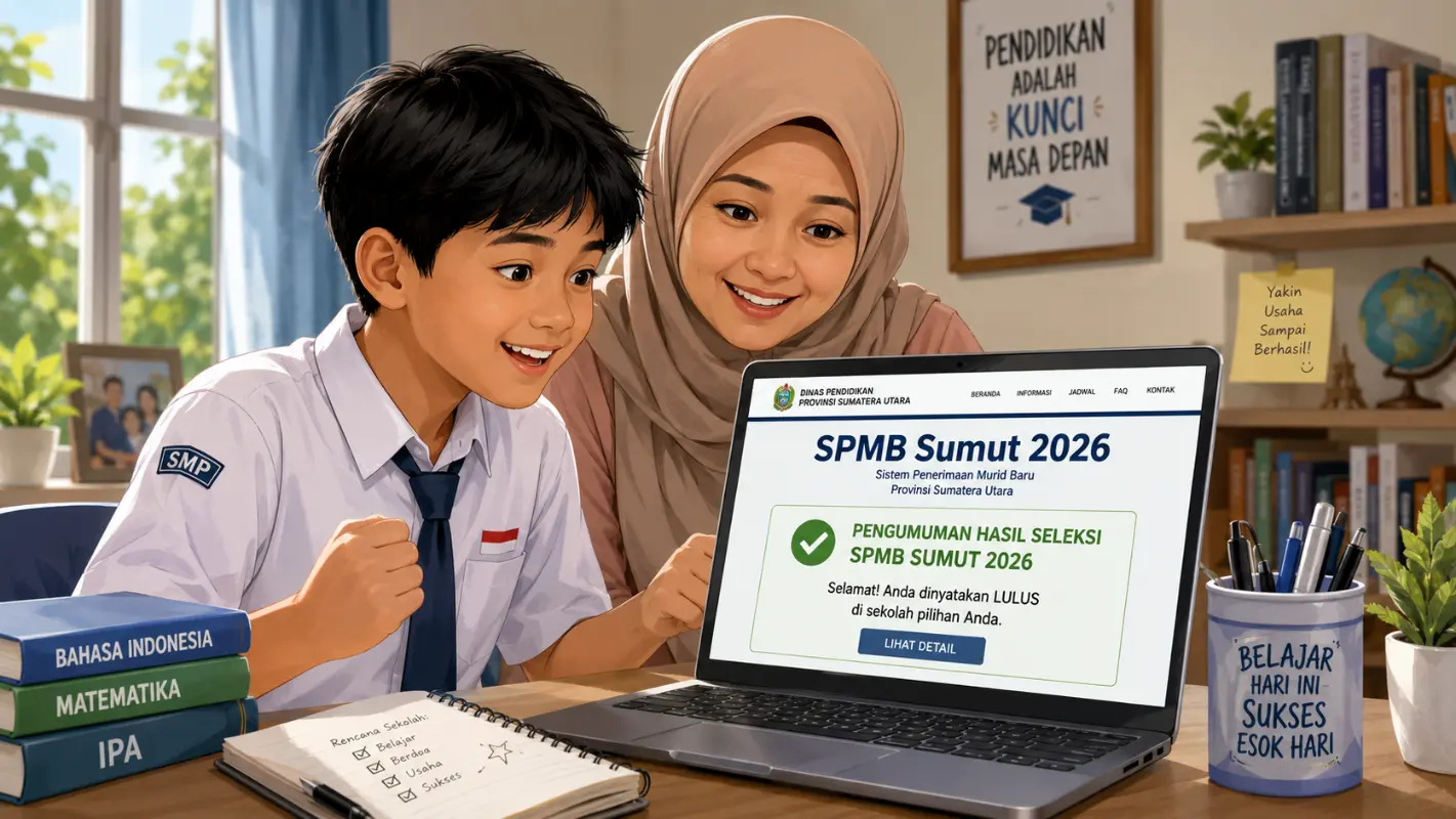 Ilustrasi siswa SMP dan orang tua mengecek pengumuman SPMB Sumut 2026 melalui laptop