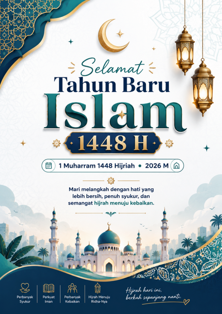 Desain poster Tahun Baru Islam 1448 H 2026 modern bernuansa putih teal emas, lengkap dengan ilustrasi masjid, bulan sabit, lentera, dan pesan hijrah menuju kebaikan.