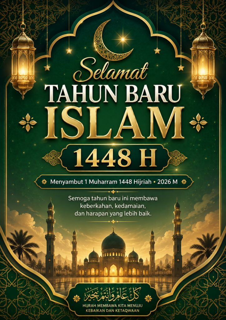 Poster ucapan Selamat Tahun Baru Islam 1448 H 2026 dengan desain elegan hijau emas, bulan sabit, lentera Islami, ornamen masjid, dan doa keberkahan 1 Muharram.